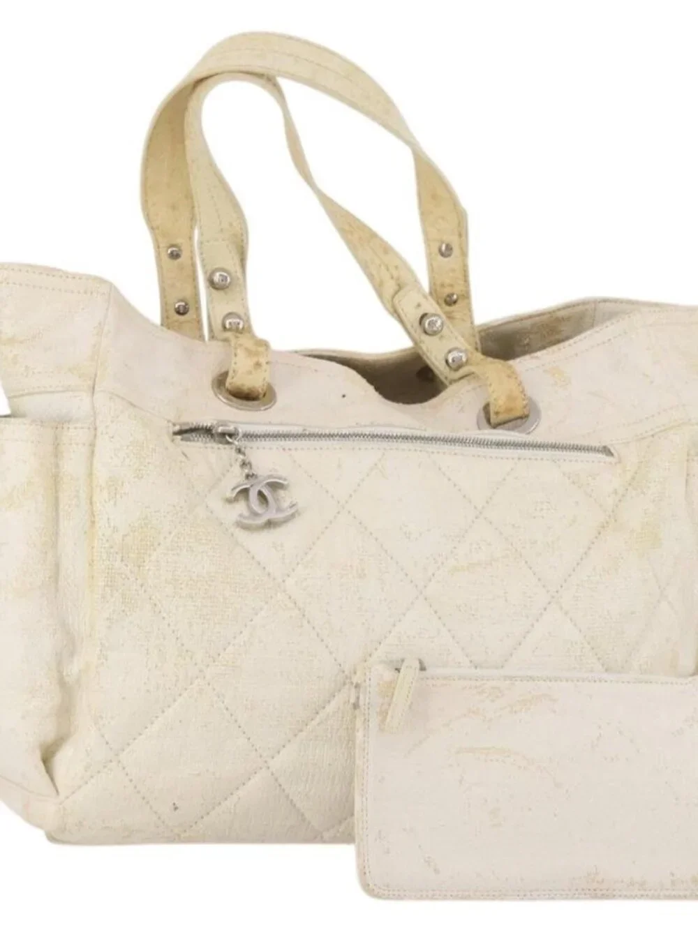 CHANEL Paris Biarritz GM Hand Bag Canvas White Silver CC Auth 185503